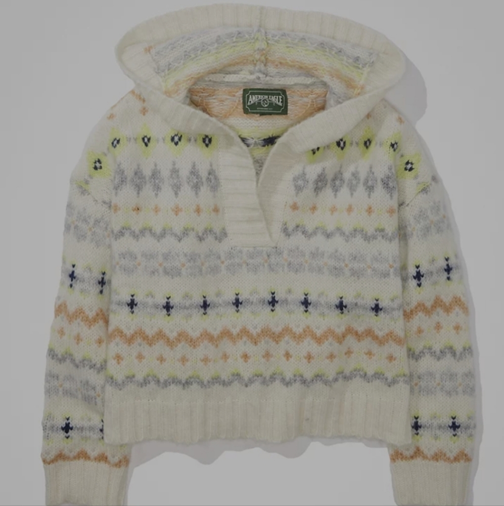 American Eagle Fair Isle Sweater Hoodie Cropped Small Wool Blend Holiday Winter
